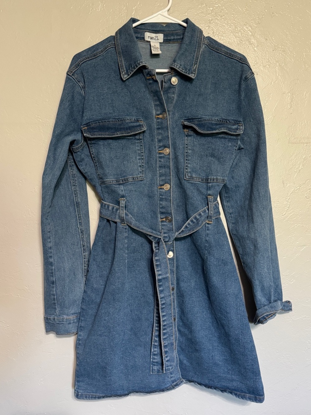 rue21 Blue Denim Button-Up Shirt Dress with Tie Waist Y2K Junior’s XL - Picture 3 of 4